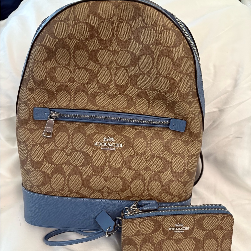 Coach Tan and Blue Bag with Matching Wristlet